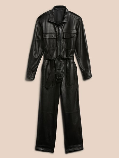 Shear Luxe Women’s Black Leather Bodycon Jumpsuit with Belt