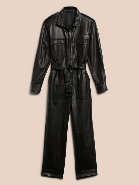 Shear Luxe Women’s Black Leather Bodycon Jumpsuit with Belt