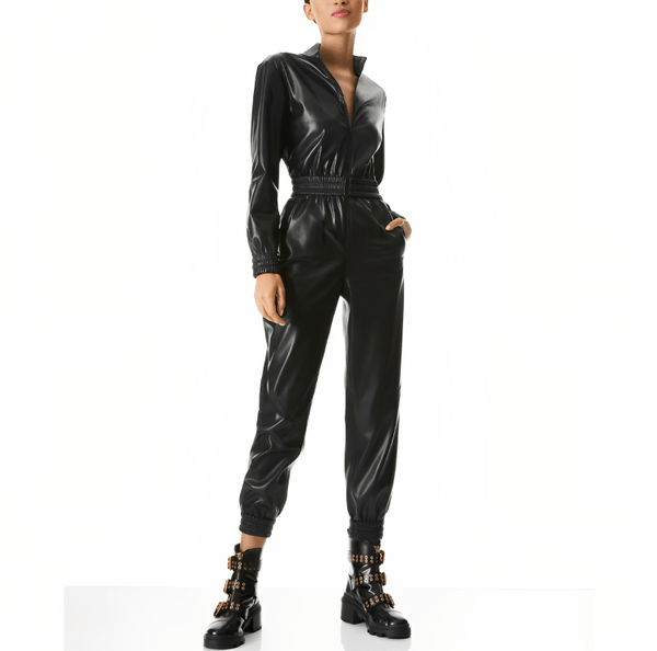Women's Black Bodycon Leather Jumpsuit – Smocked Waist Fit
