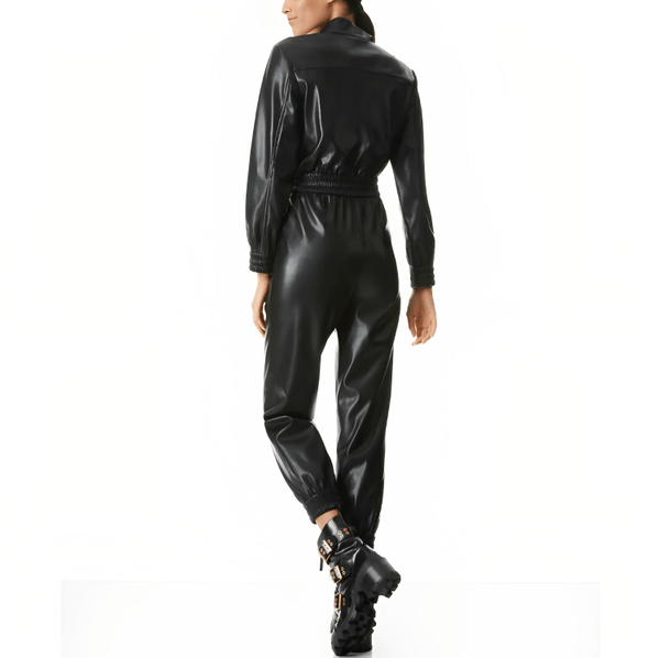 Women's Black Bodycon Leather Jumpsuit – Smocked Waist Fit