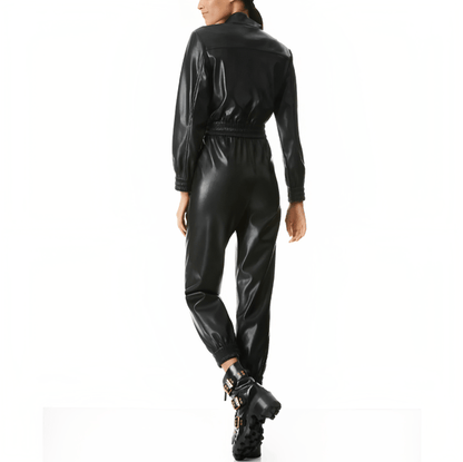 Women's Black Bodycon Leather Jumpsuit – Smocked Waist Fit