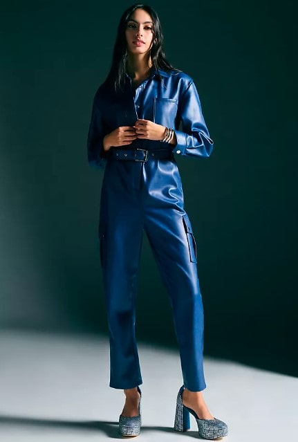 Shear Luxe Women’s Blue Leather Bodycon Jumpsuit