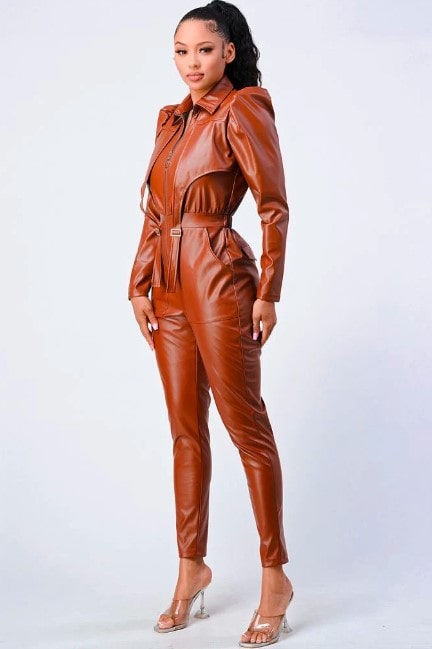 Shear Luxe Women’s Brown Leather Bodycon Jumpsuit