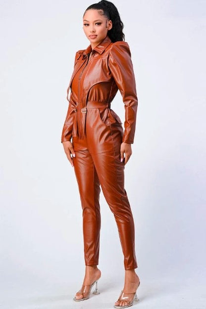 Shear Luxe Women’s Brown Leather Bodycon Jumpsuit