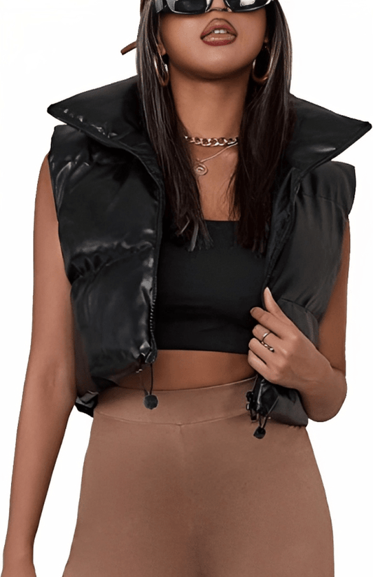 Oversized Black Cropped Puffer Leather Vest for Women
