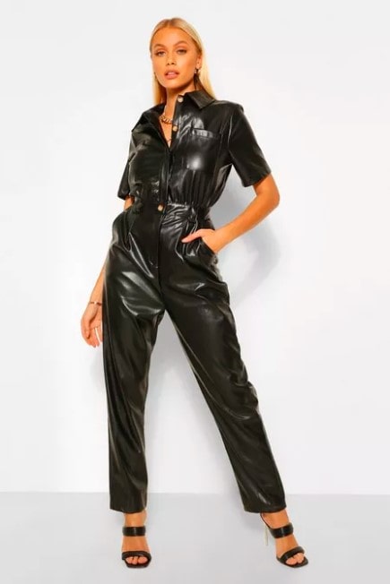 Shear Luxe Women’s Black Leather Half‑Sleeve Jumpsuit