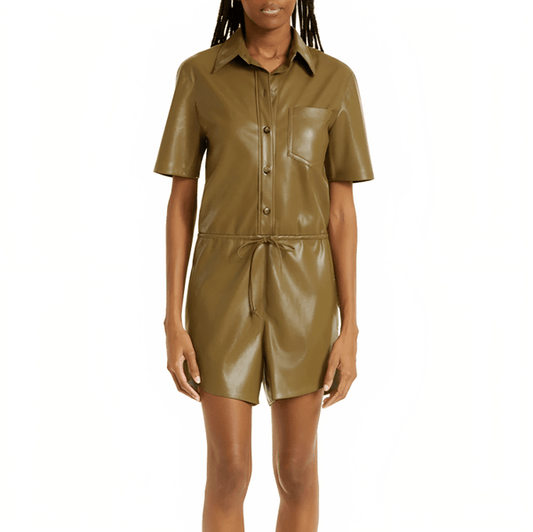 Women’s Khaki Leather Romper – Half Sleeve Chic Fit