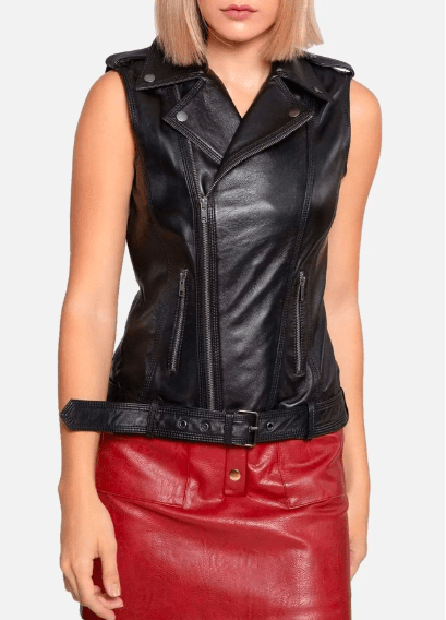 Shear Luxe Women’s Black Leather Biker Vest with Belt
