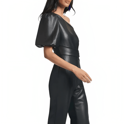 Women’s Black Leather Jumpsuit – Flared Shoulder Elegance