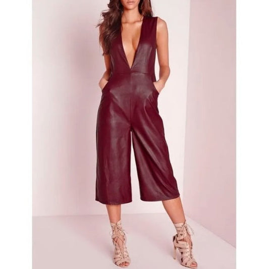 Shear Luxe Women’s Maroon Leather Jumpsuit