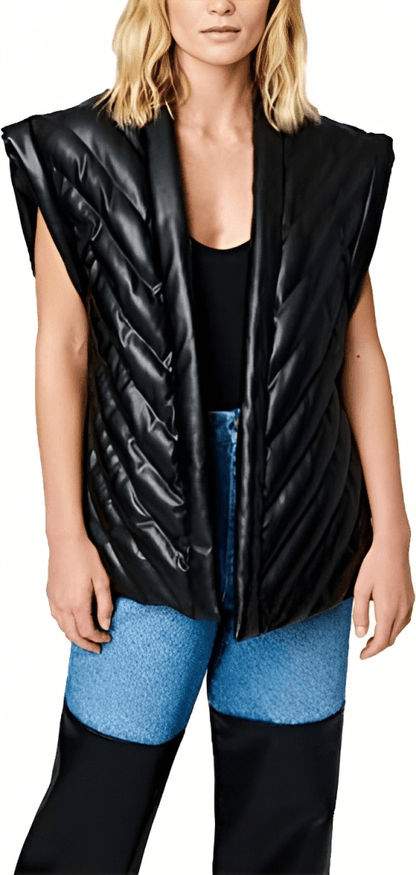 MidnightBelt™ Women's Leather Belted Puffer Vest (Black)