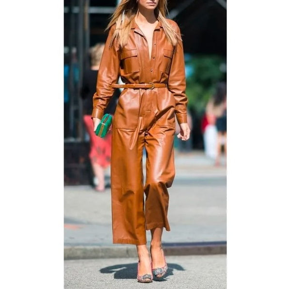 Women's Brown Lounge Leather Jumpsuit – Relaxed Fit