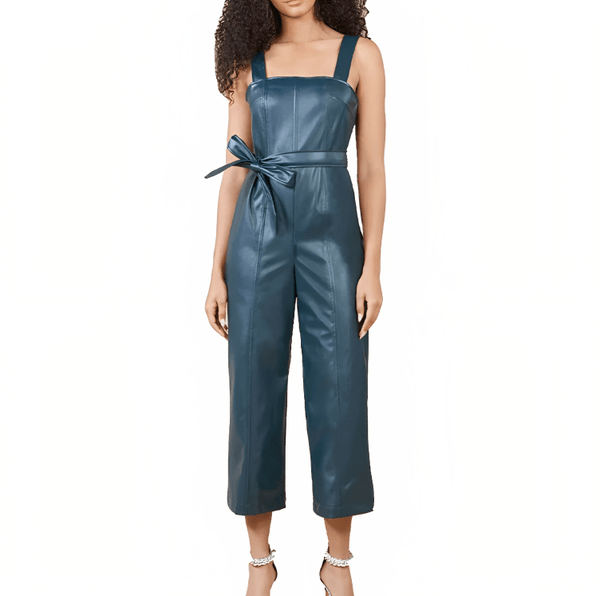 Women's Emerald Green Leather Overalls Jumpsuit – Edgy & Elegant