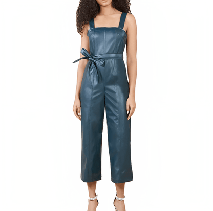 Women's Emerald Green Leather Overalls Jumpsuit – Edgy & Elegant