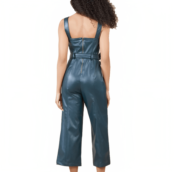 Women's Emerald Green Leather Overalls Jumpsuit – Edgy & Elegant