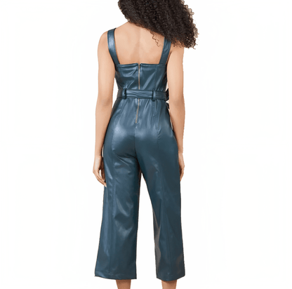 Women's Emerald Green Leather Overalls Jumpsuit – Edgy & Elegant