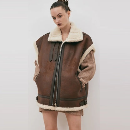 Oversized Chocolate Brown Shearling Leather Vest for Women