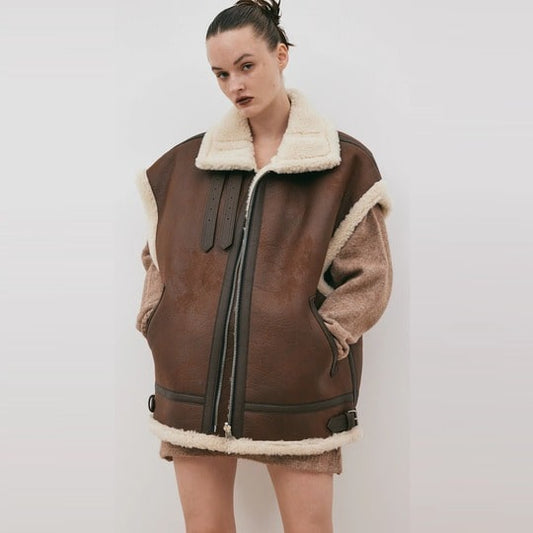 Oversized Chocolate Brown Shearling Leather Vest for Women