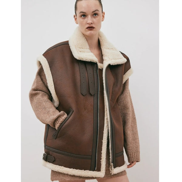 Oversized Chocolate Brown Shearling Leather Vest for Women
