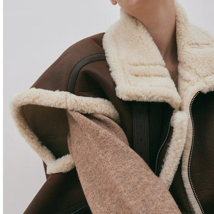 Oversized Chocolate Brown Shearling Leather Vest for Women