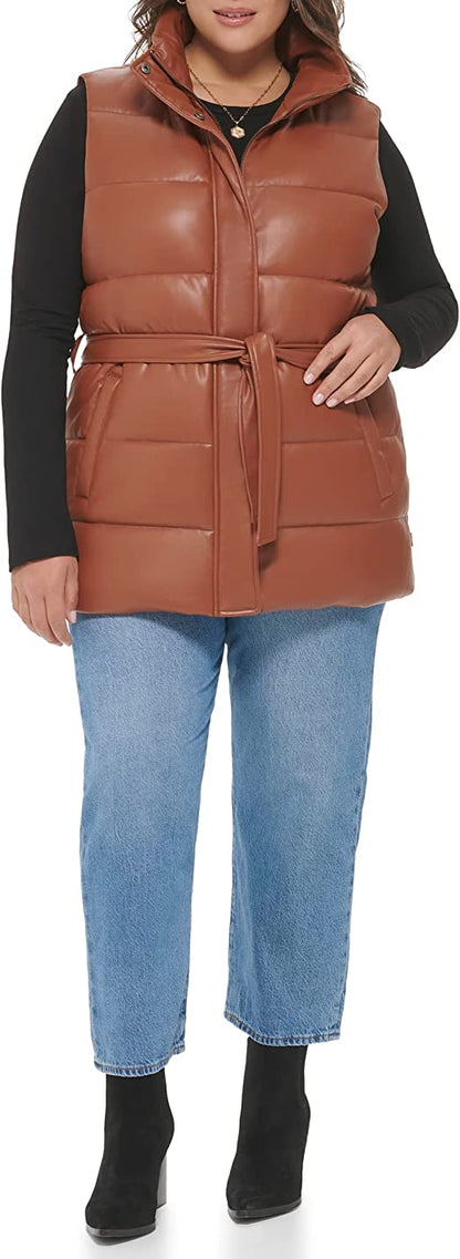 CocoaBelt™ Women's Quilted Leather Puffer Vest in Chocolate Brown
