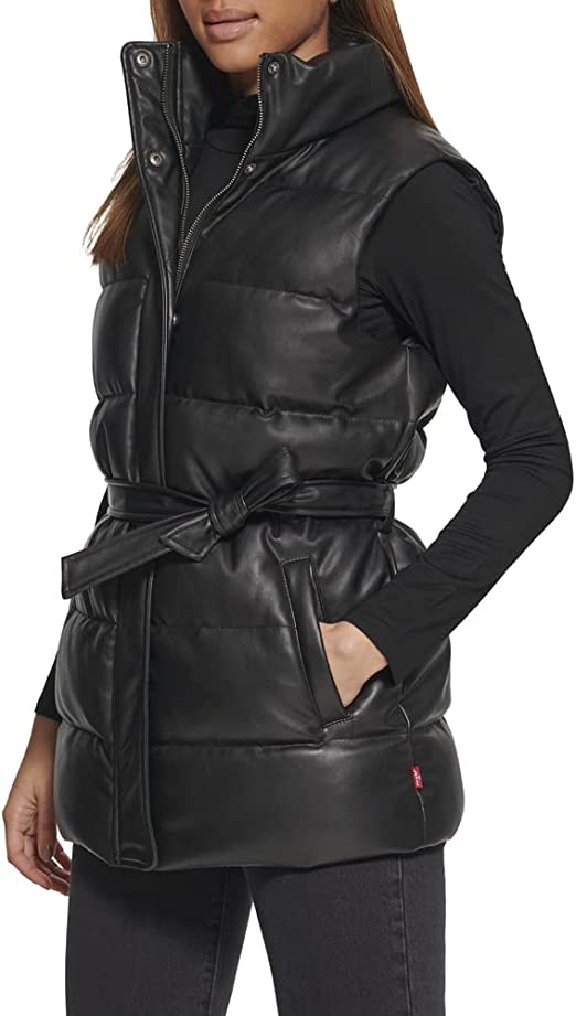 UrbanBelt™ Women's Black Leather Puffer Vest with Belt