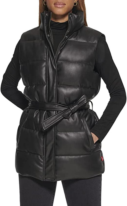 UrbanBelt™ Women's Black Leather Puffer Vest with Belt