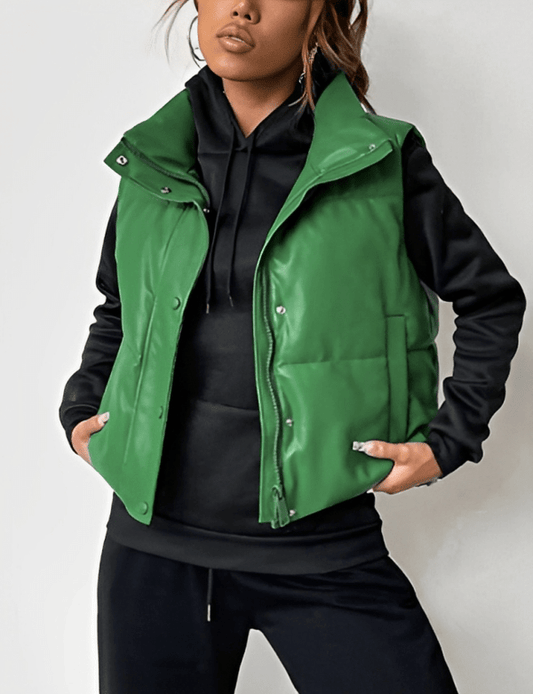 Oversized Green Puffer Leather Vest for Women