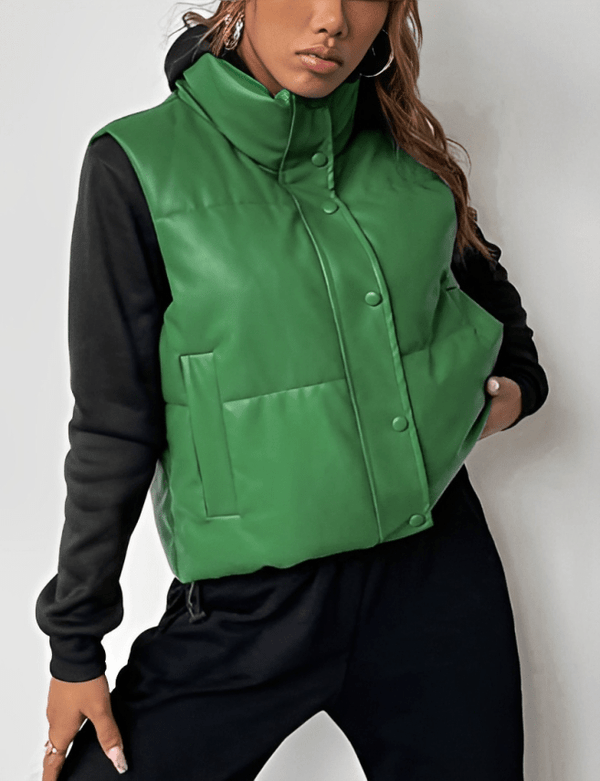 Oversized Green Puffer Leather Vest for Women
