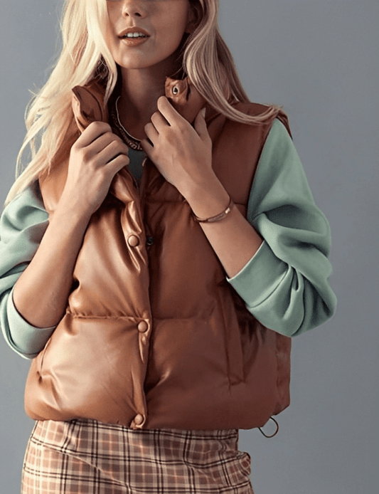 Oversized Tan-Brown Puffer Leather Vest for Women