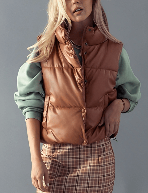 Oversized Tan-Brown Puffer Leather Vest for Women