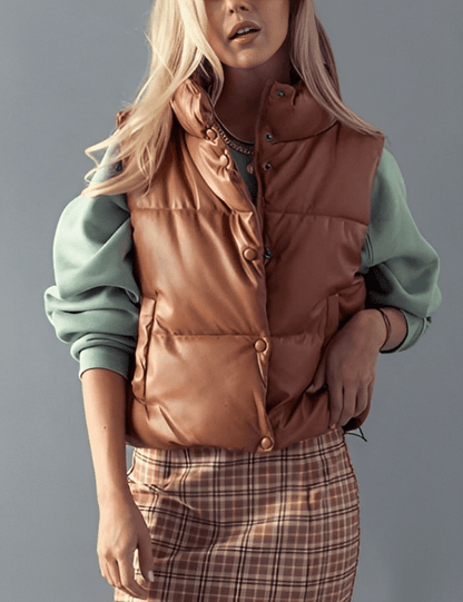 Oversized Tan-Brown Puffer Leather Vest for Women