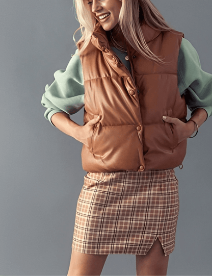 Oversized Tan-Brown Puffer Leather Vest for Women