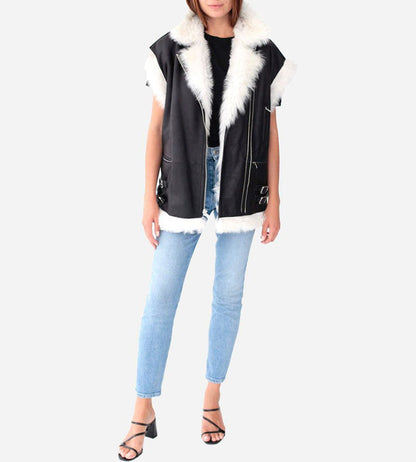 Black Shearling Biker Vest for Women