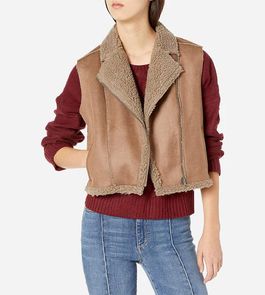 Brown Shearling Biker Vest for Women