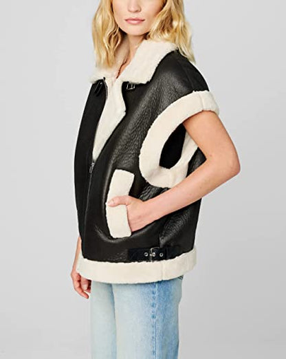 Black Shearling Leather Vest for Women
