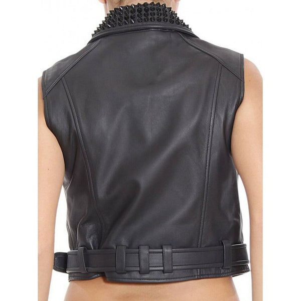 Shear Luxe Women’s Black Studded Leather Vest with Belted Waist