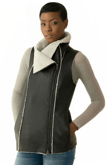 Trendy Black Shearling Biker Vest for Women