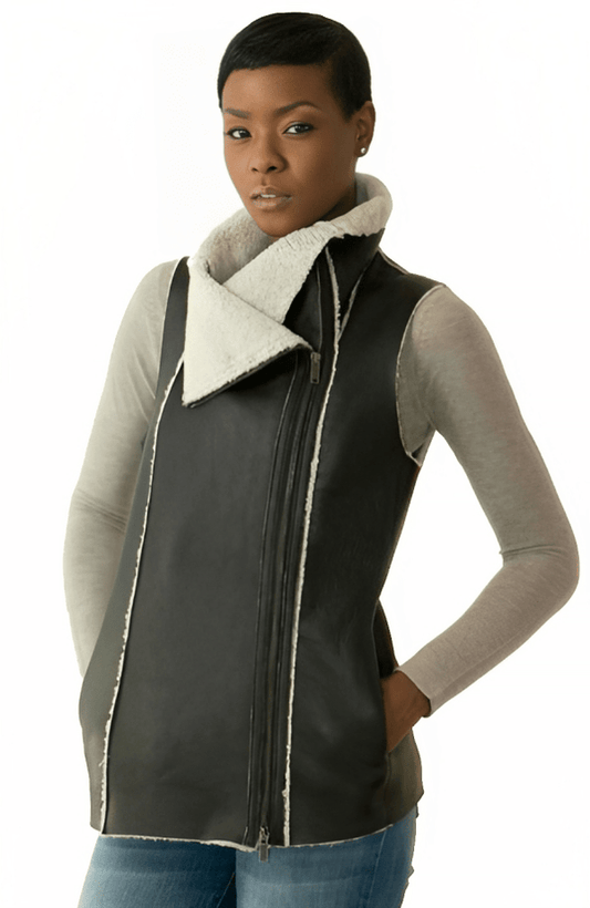 Trendy Black Shearling Biker Vest for Women