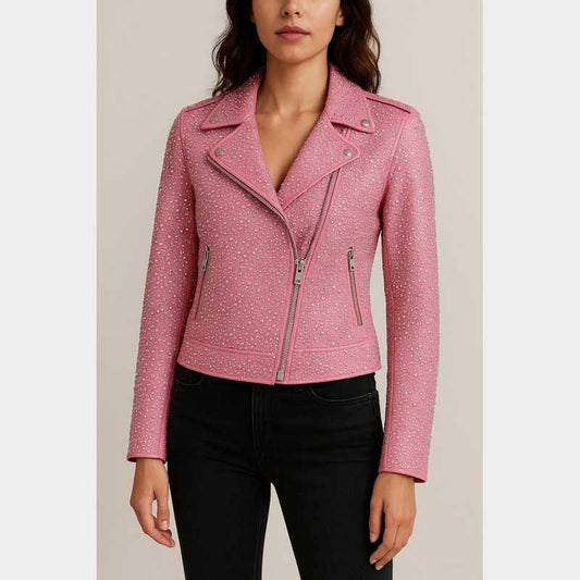 Women pink rhinestone biker jacket front view with crystal studs