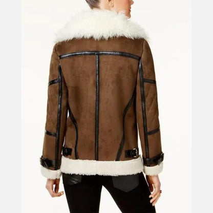 Women's Asymmetrical Brown Shearling Bomber Leather Jacket