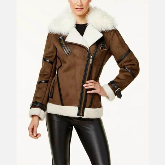 Women's Brown Shearling Bomber Jacket