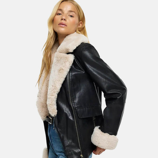 Black Leather Faux Shearling Biker Jacket for Women