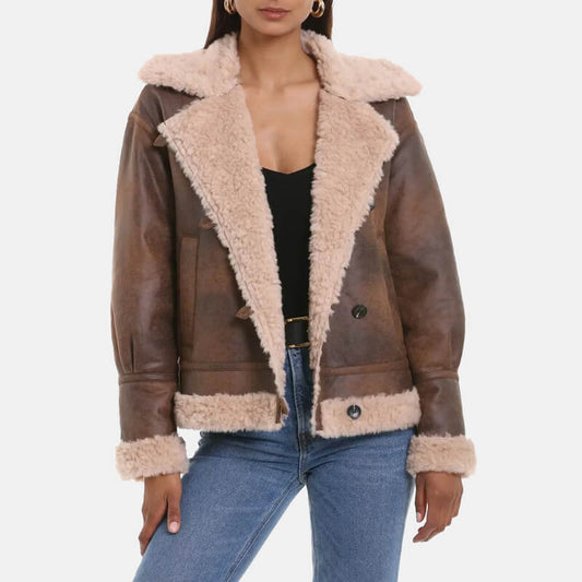 Brown Leather Faux Shearling Moto Jacket for Women | Warm & Stylish