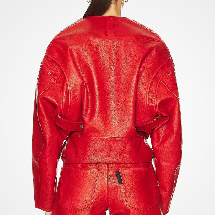 Women's Red Party Leather Biker Jacket with Draped Buckle Straps