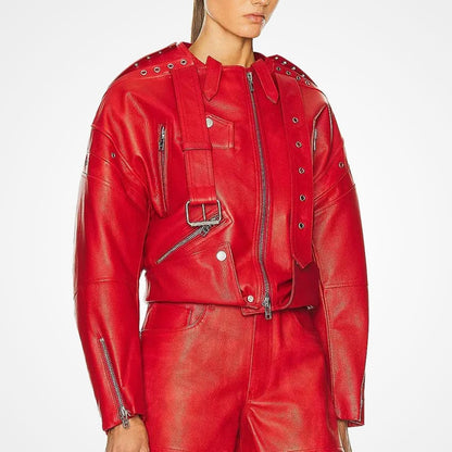 Women's Red Party Leather Biker Jacket with Draped Buckle Straps
