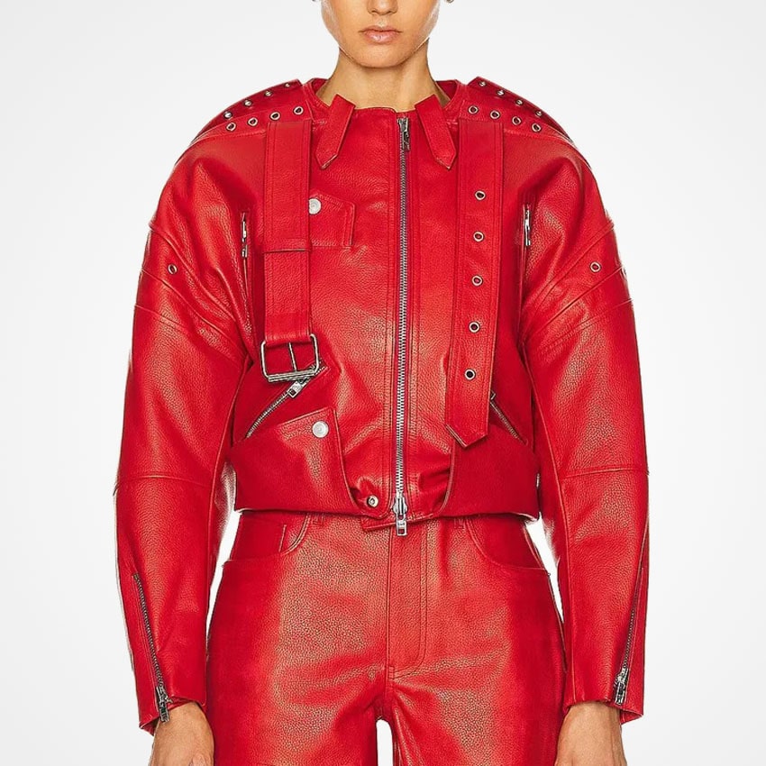 Women's Red Party Leather Biker Jacket with Draped Buckle Straps