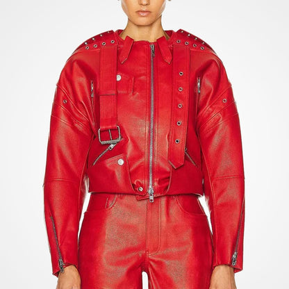 Women's Red Party Leather Biker Jacket with Draped Buckle Straps