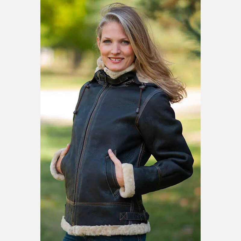 Women's Vintage Sheepskin Bomber Jacket with Hood