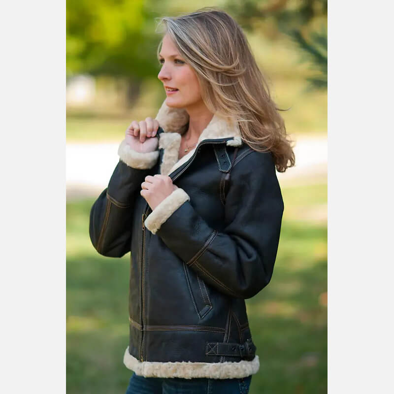 Women's Vintage Sheepskin Bomber Jacket with Hood